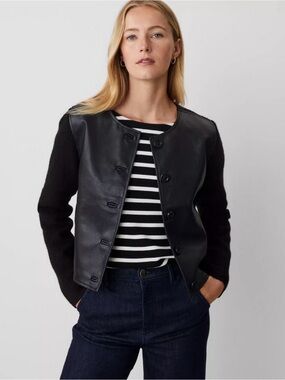 Ann Taylor Black Faux Leather Front Jacket Knit Sleeve & Back Collarless S
